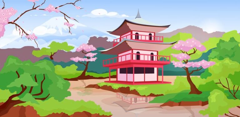 Japanese pagoda and Fuji Mount flat color vector illustration